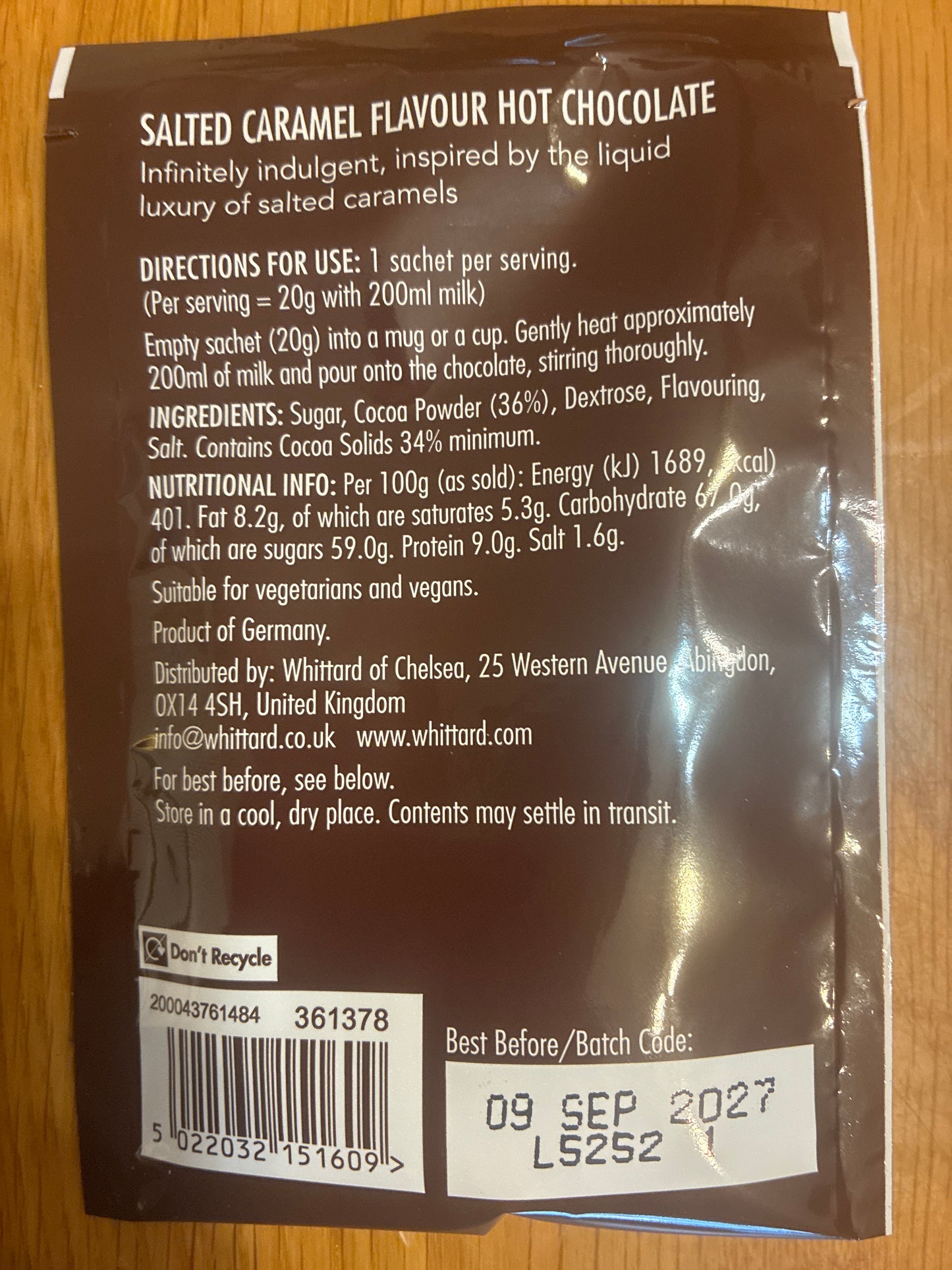 Whittards salted caramel hot chocolate sachet