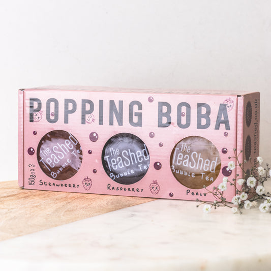 The tea shed popping boba trio: strawberry, raspberry and peach