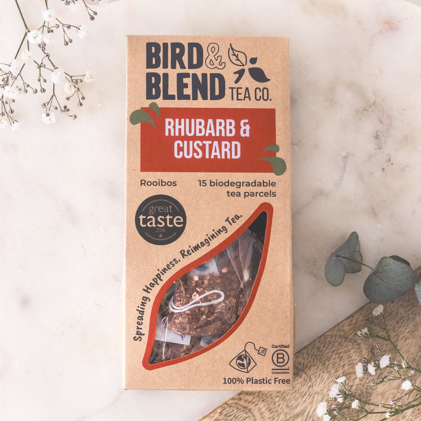 Bird and blend rhubarb and custard Rooibos 15 biodegradable tea bags