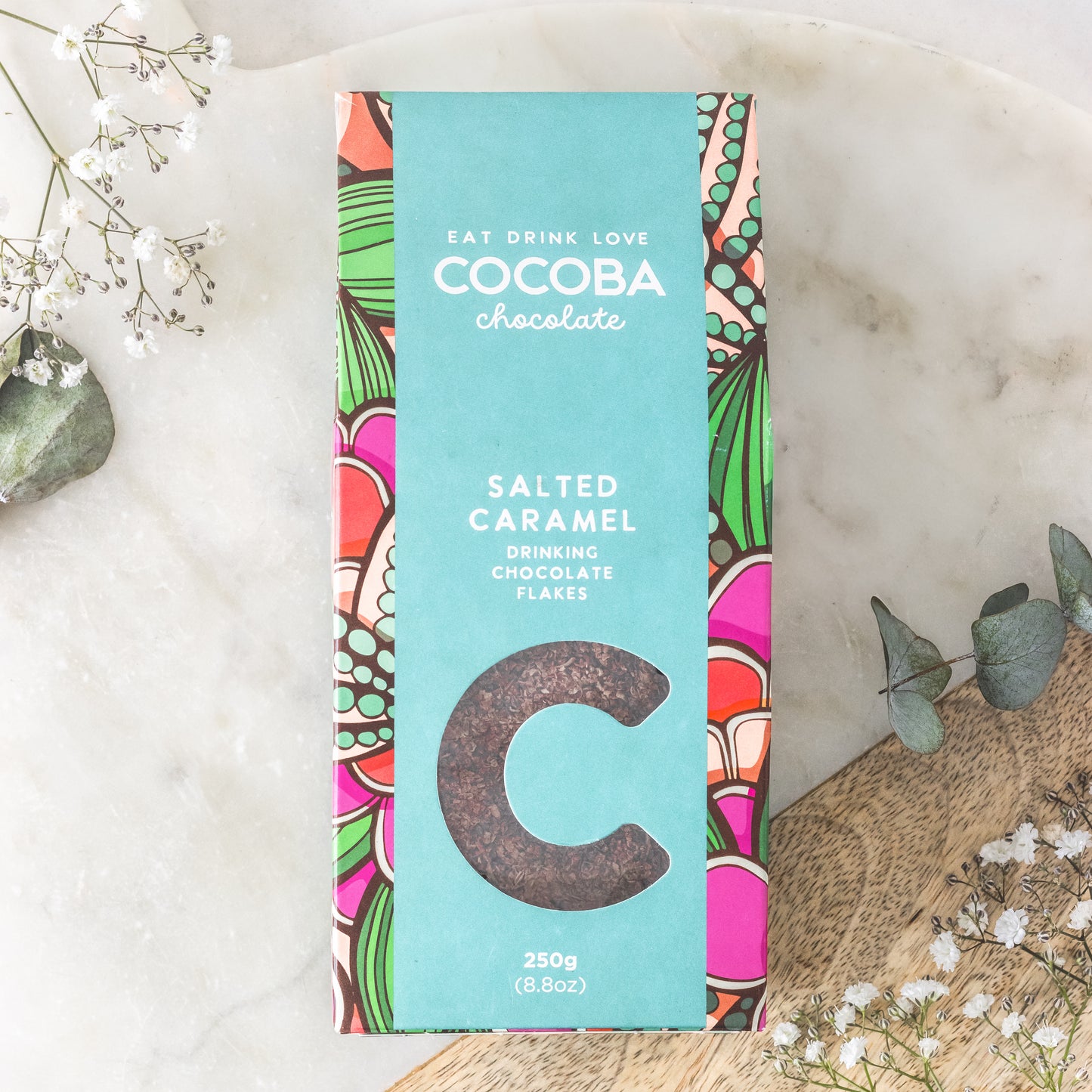 Cocoba salted caramel drinking chocolate flakes